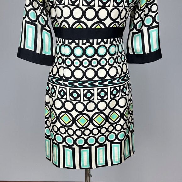 Milly New York Womens Silk Geometric Print Dress Ivory Black Aqua Blue size 10 - Picture 9 of 12